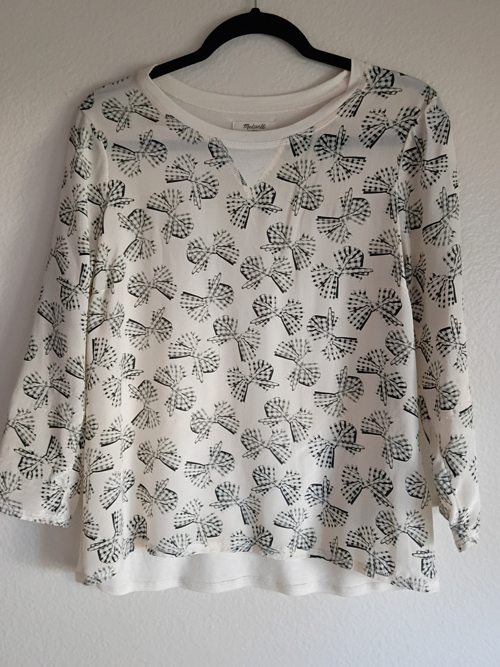 Madewell White Long-Sleeve Top with Black Bow Print